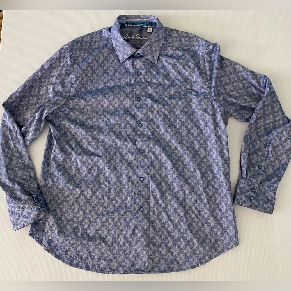 Robert Graham‎ Shirt Men XL  Blue Button Up Kane Graphic Satin Flip Cuff Casual